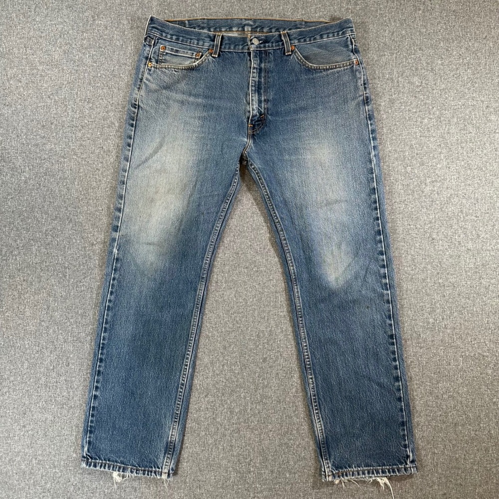 Levi's Jeans Mens 38x32 505 Regular Fit Blue Distressed Hem Denim